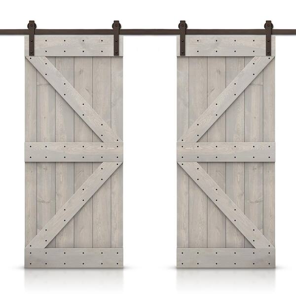 CALHOME K 64 in. x 84 in. Silver Gray Stained DIY Solid Pine Wood Interior Double Sliding Barn Door with Hardware Kit