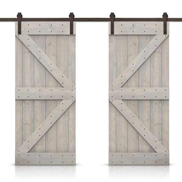 CALHOME K 76 in. x 84 in. Silver Gray Stained DIY Solid Pine Wood Interior Double Sliding Barn Door with Hardware Kit