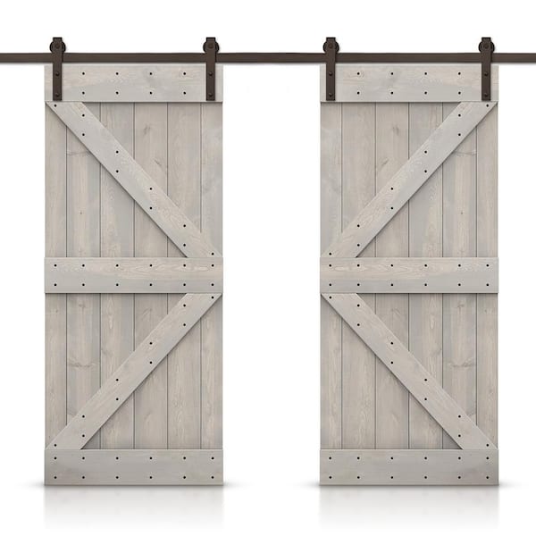 CALHOME K 88 in. x 84 in. Silver Gray Stained DIY Solid Pine Wood Interior Double Sliding Barn Door with Hardware Kit