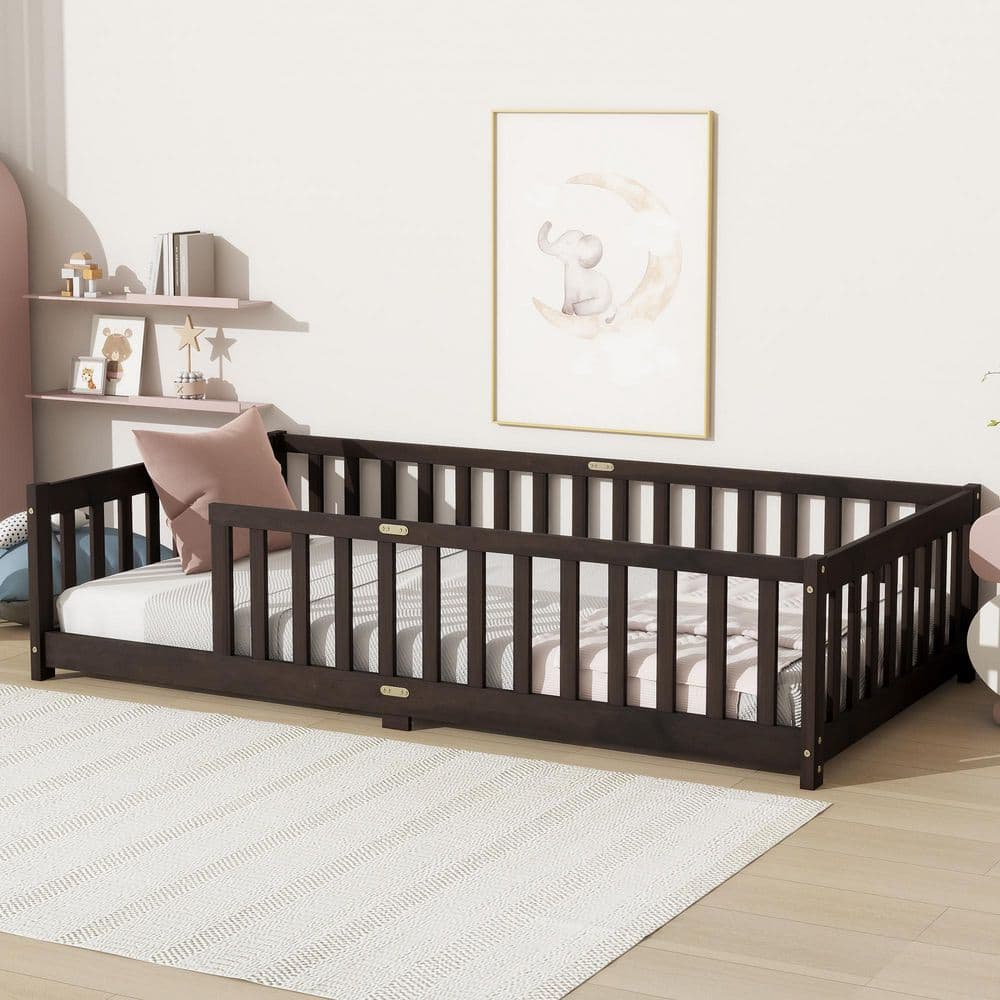 Espresso Twin Size Kids Bed with Fence Without Door,safety Guardrails price history on PriceWatchPro