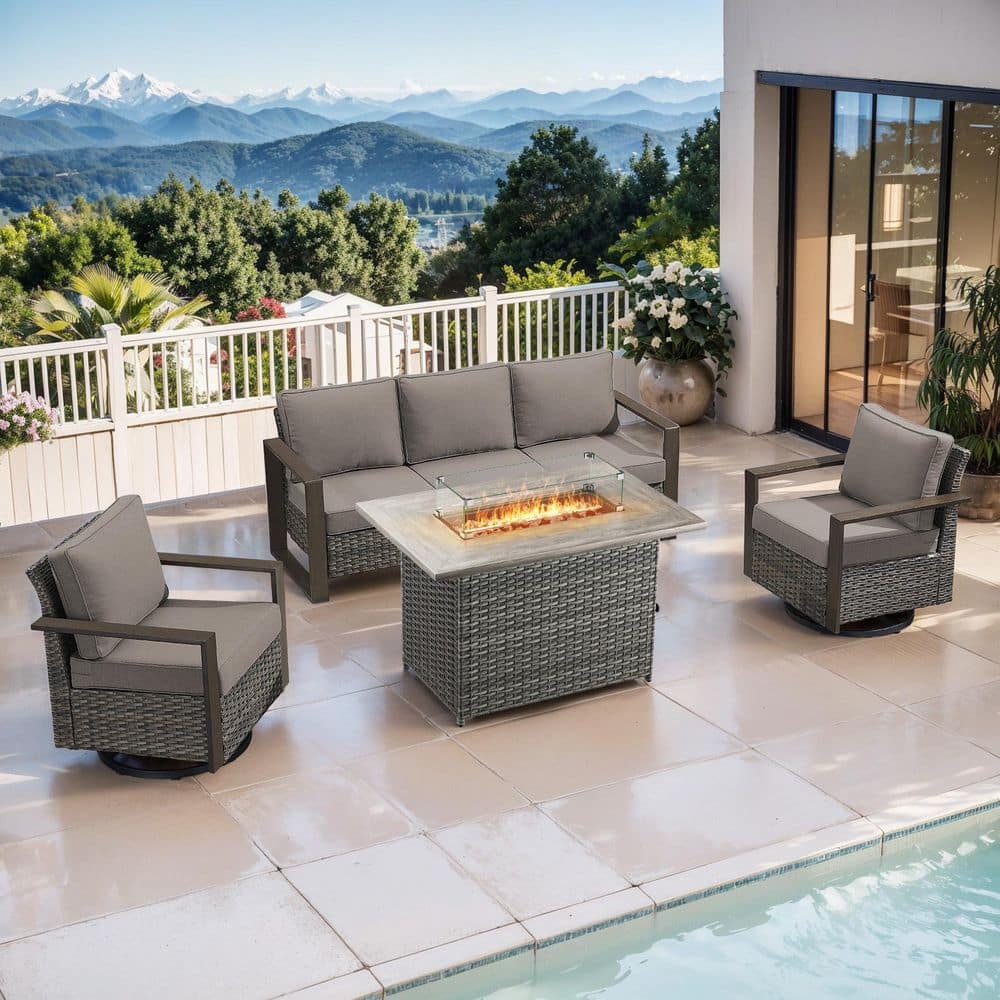 Funky Gray 4-Piece Fire Pit Patio Sets Wicker Outdoor Conversation Set with Swivel Rocking Chairs and Gray Cushions price history on PriceWatchPro