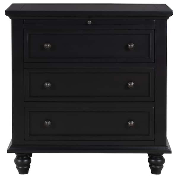 Unbranded Mid-Century 3-Drawer 28 in. Black Rectanglar Top Pine End Table with Pull Out Tray