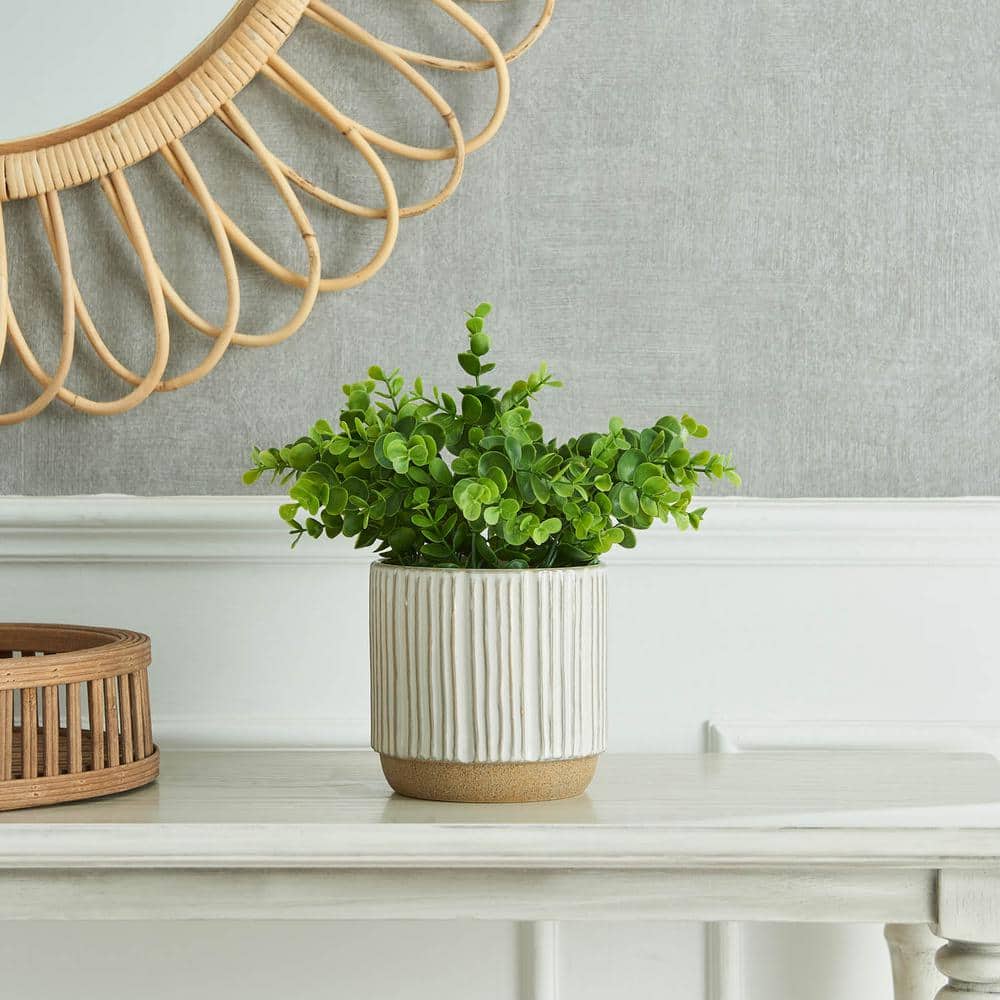 11 in. Green Artificial Eucalyptus in Pinstripes Ceramic Pot