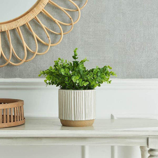 Unbranded 11 in. Green Artificial Eucalyptus in Pinstripes Ceramic Pot