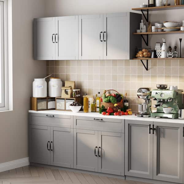 Gray Wooden 63 in. Width Food Pantry, Sideboard, Pantry Cabinet, with Wall Mounted Kitchen Cabinet (2-Parts)