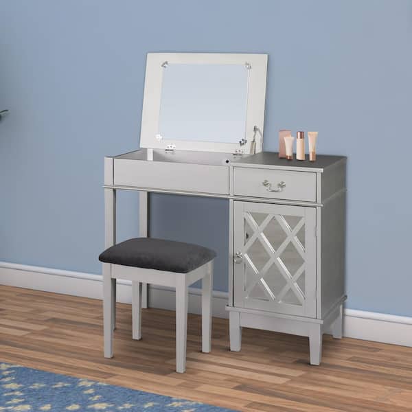 Benjara Wooden Vanity Set with Flip Top Mirror and Storage Compartment Gray 