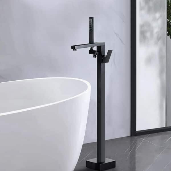 Single-Handle Floor Mount Freestanding Tub Faucet with Hand Shower in Black