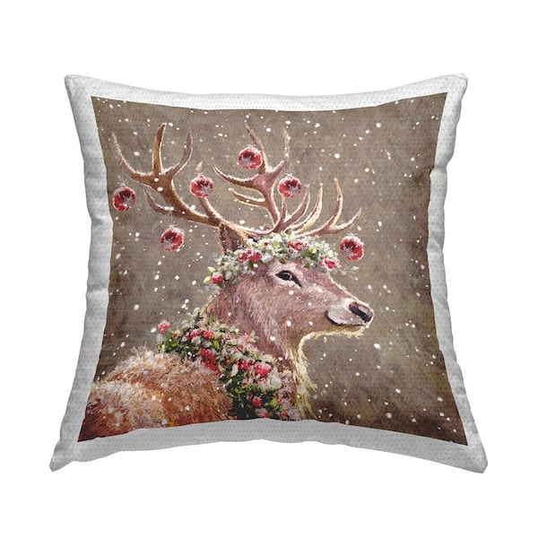 Holiday Deer Festive Baubles Tan Square Outdoor Throw Pillow