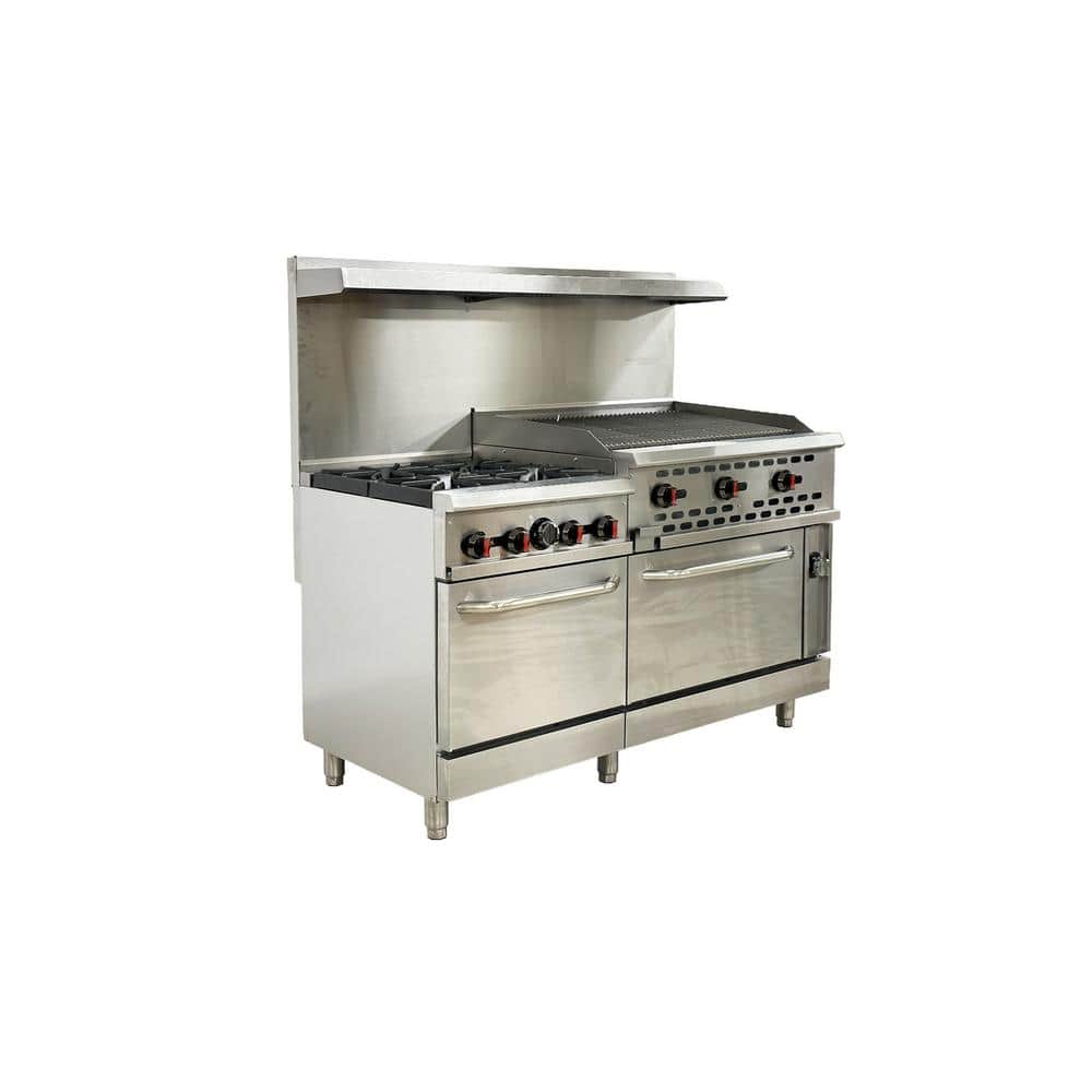 60 in. Commercial NSF 4 Burner Double Oven Gas Range with 36 in. Charbroiler ER6036RC in Stainless Steel