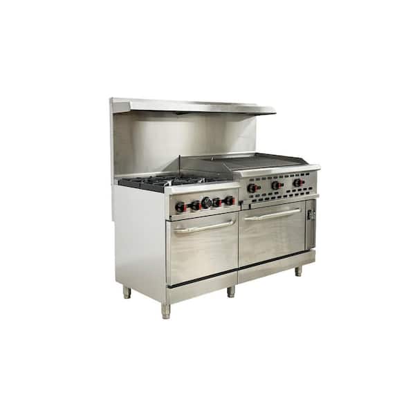 Elite Kitchen Supply 60 in. Commercial NSF 4 Burner Double Oven Gas Range with 36 in. Charbroiler ER6036RC in Stainless Steel