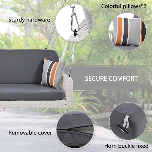 2-Seater PE Wicker Porch Swing with Hanging Bench Chains and Gray Cushions and Pillow for Backyard Garden Poolside