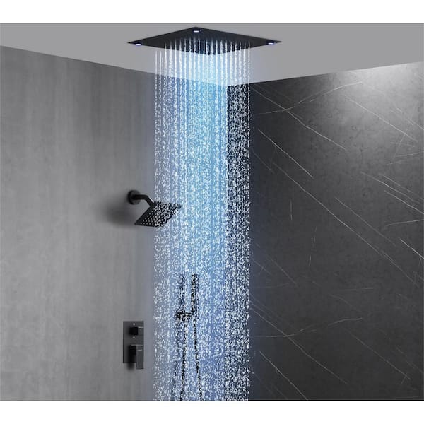Luxury Single Handle 2-Spray Shower Faucet 1.8 GPM with 16 in. LED Rainfall and Pressure Balance Valve in Matte Black