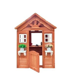 All Wooden Kids Playhouse with 2 windows and flowerpot holder, 42"Lx46"Wx55"H, Golden Red
