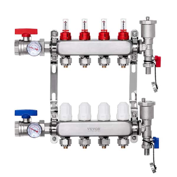 VEVOR 4-Branch Radiant Heat Manifold, ½ in. PEX Tubing Manifold, Stainless Steel PEX Manifold, Radiant Heat PEX Manifold Kit