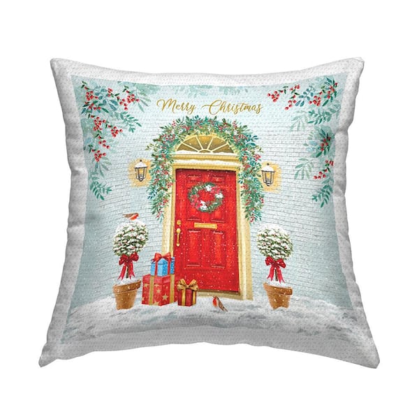 Merry Christmas Winter Doorway Multi-Color Square Outdoor Throw Pillow