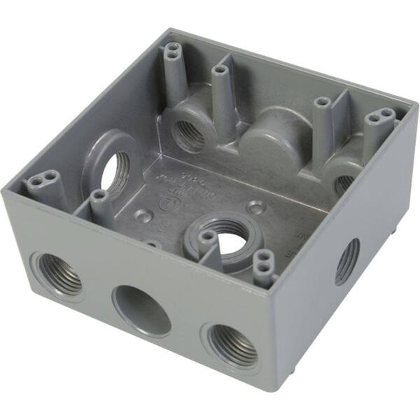 Greenfield 2 Gang Weatherproof Electrical Outlet Box with Seven 1/2 in. Holes (2 holes two sides, 1 hole other sides) - Gray