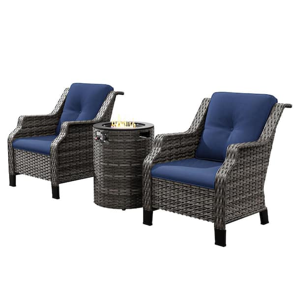3-Piece Wicker Outdoor Patio Fire Pit Chair Set with Blue Cushions and Round Fire Pit Table