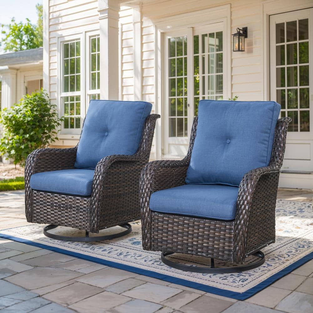 moosprr Brown Swivel Wicker Outdoor Rocking Chair with Blue Cushions and Glide Function (2-Pack)