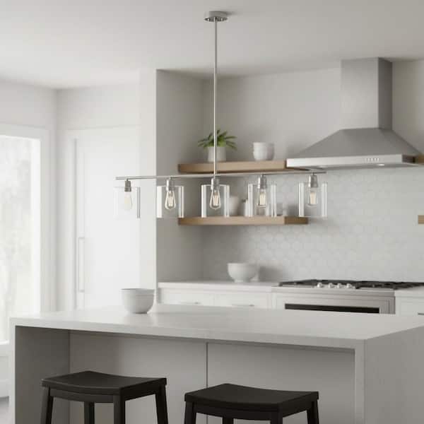 Modern 5-Light Brushed Nickel Linear Chandelier, Clear Glass Pendant Light for Kitchen Island & Dining Room Decor