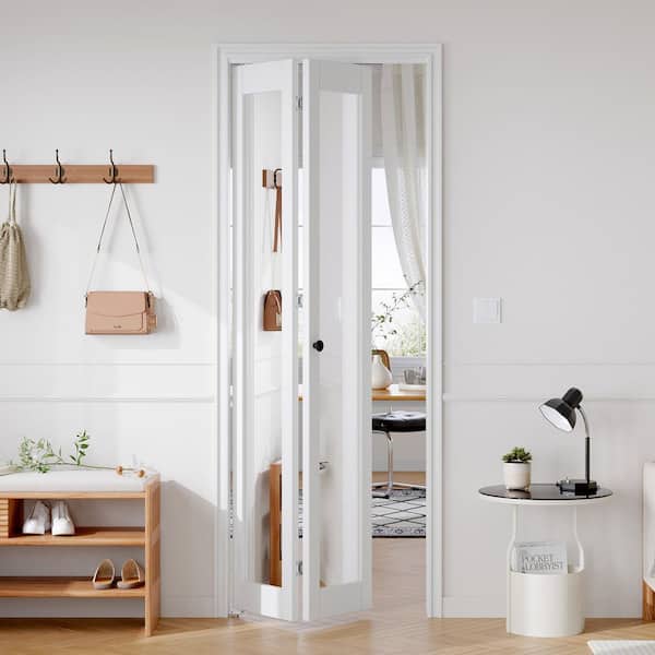 30 in. x 80 in. 1-Lite Mirrored Glass Solid Core White Finished MDF Bi-Fold Door with Hardware Kit