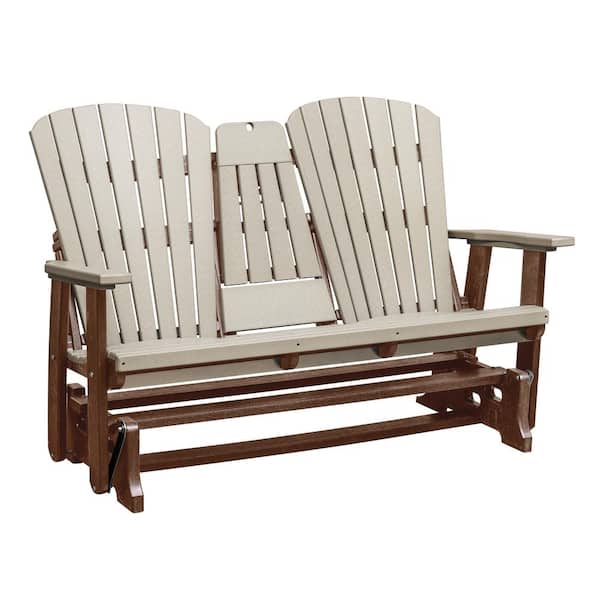 American Furniture Classics Adirondack 60 in. 2-Person Tudor Brown Frame High Density Plastic Outdoor Glider with Weatherwood Seats and Backs