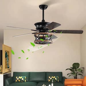 52 in. Indoor Black 3 Lights Ceiling Fan with Lights Remote 5 Wood Blades, 3-Speed Ceiling Fan with Caged Light Fixture