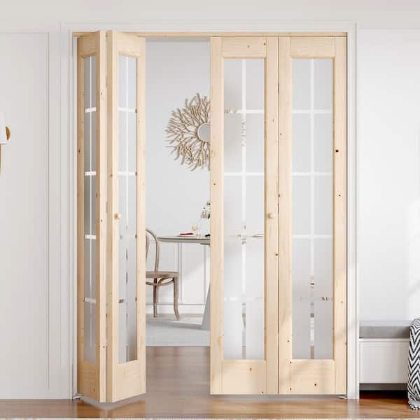 60 in. x 80 in. 3/4 Lite Frosted Glass Preassembled Solid Core Wood Spruce Bi-fold Door with Hardware