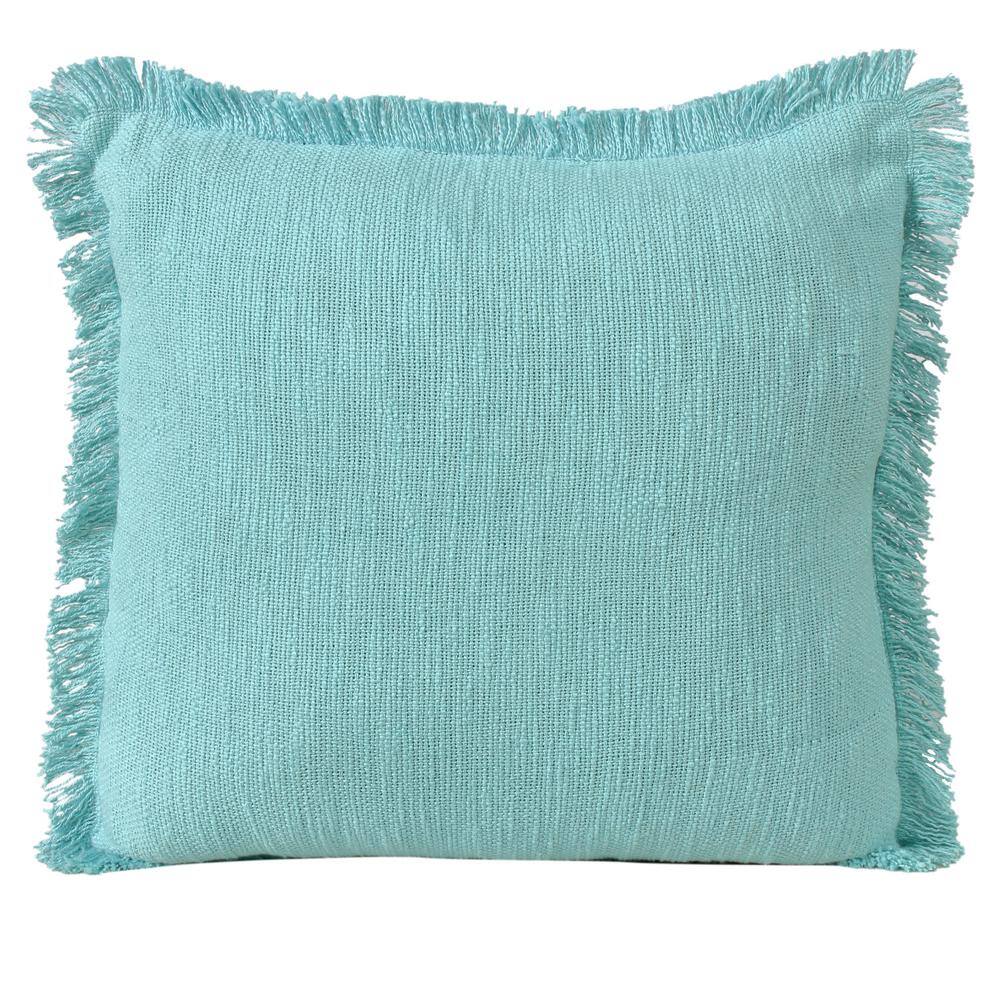 Aqua Blue Cotton Fringed 20" Square Throw Pillow