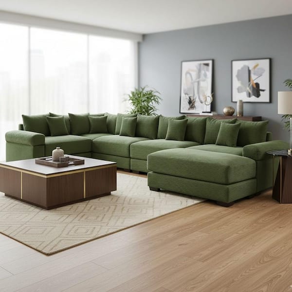YSYJST 154.6 in. Straight Arm 6-Piece Corduroy Modular Sectional Sofa with Ottoman and Ergonomic Design in Olive Green