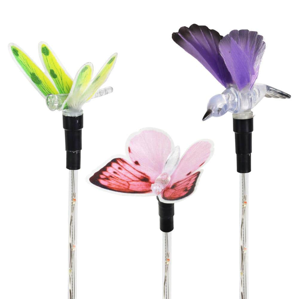 Exhart 3 Piece Color Changing Fiber Optic Butterfly  Hummingbird and Dragonfly Solar Powered Garden Stake Set  4 by 16 inches  Plastic  Multicolor