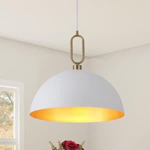 1-Light White and Gold Dome Hanging Pendant Light Chandelier with Metal Cover for Kitchen Island