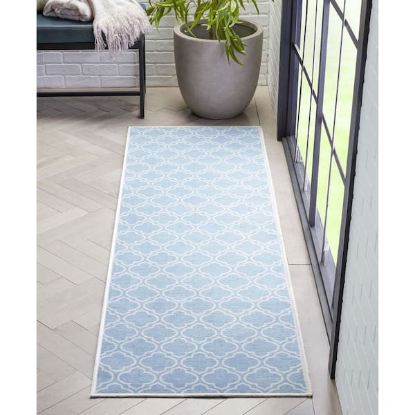 Apollo Lattice Moroccan Trellis Light Blue Ivory 2 ft. 7 in. x 9 ft. 6 in. Runner Machine Washable Area Rug
