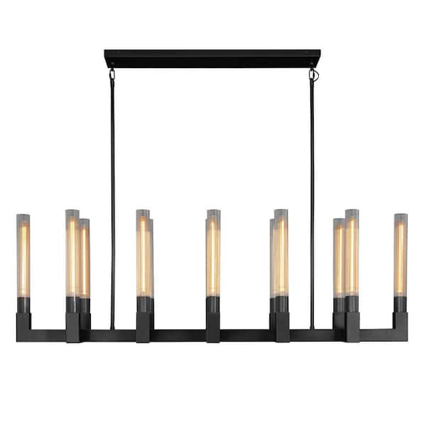 Gleam Flare 12-Light Black Candlestick Chandelier, Modern Chandelier with Glass Shade, Retangular Luxurious Ceiling Pendant Light