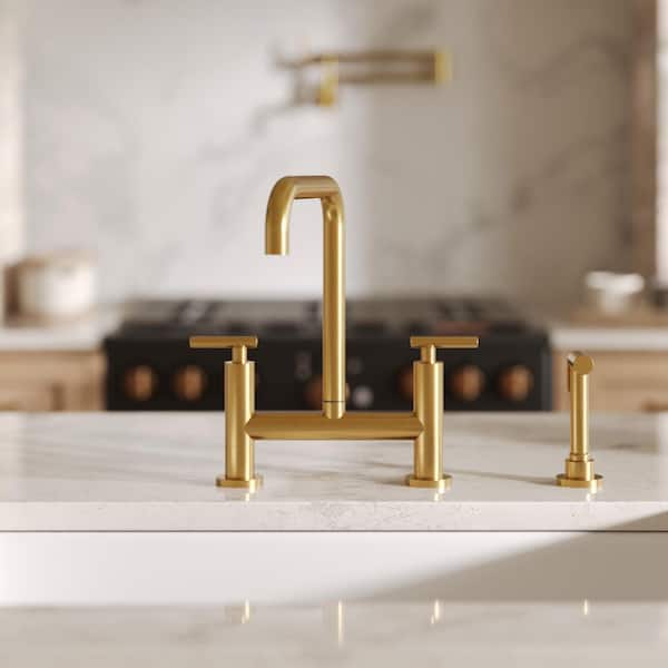 13 in. Height 2-Handle Bridge Kitchen Faucet with Side Spray, 360° Swivel in Brushed Gold