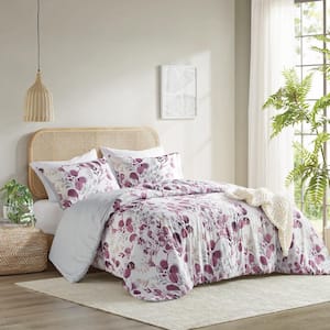 Gabby 3-Piece Plum/Grey Microfiber Full/Queen Reversible Floral Botanical Seersucker Comforter Set