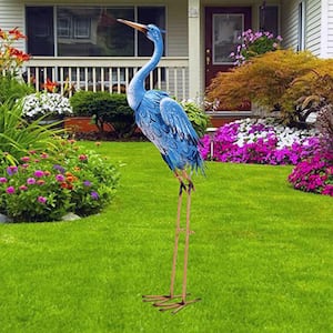 38 in. Large Standing Blue Metal Crane Statue, Heron Garden Animal Sculpture for Indoor/Outdoor Bird Art Decor