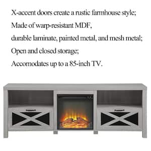 70 in. Farmhouse Freestanding Electric Fireplace TV Stand with Metal Mesh Drop-Down X-Door for 80 in. TVs, Stone Grey