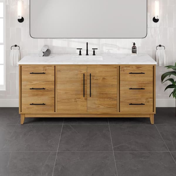 Graham 72 in. Single Sink Oak Bath Vanity with White Arabescato Engineered Stone Top (Assembled)