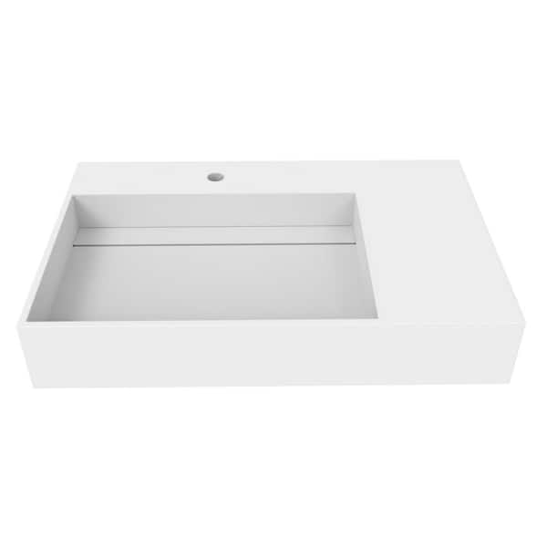 castellousa Juniper 30 in. Wall Mounted Solid Surface Left Side Basin Rectangle Bathroom Sink in Matte White