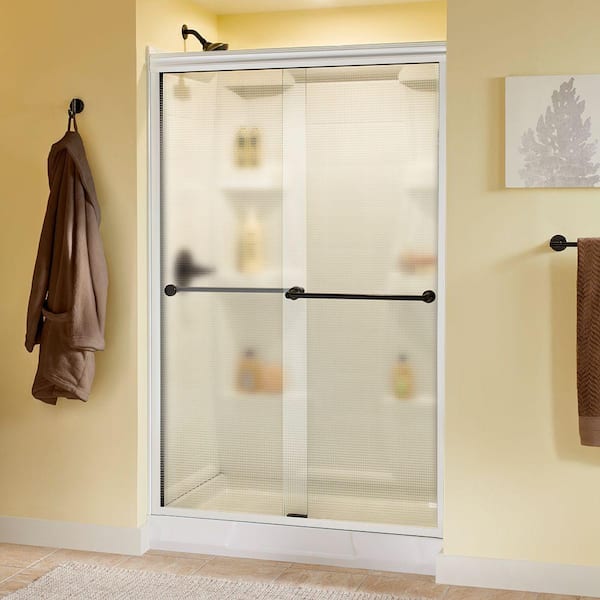 Delta Crestfield 48 in. x 70 in. Semi-Frameless Traditional Sliding Shower Door in White and Bronze with Droplet Glass