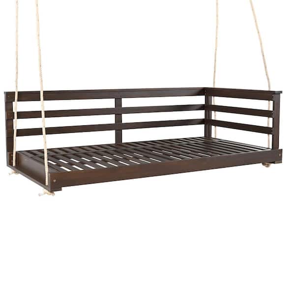 Minimalist Acacia Wood Patio Porch Swing with 4-Pieces 96 in. Hemp Ropes and Comfortable Twin Size, Garden Swing Daybed