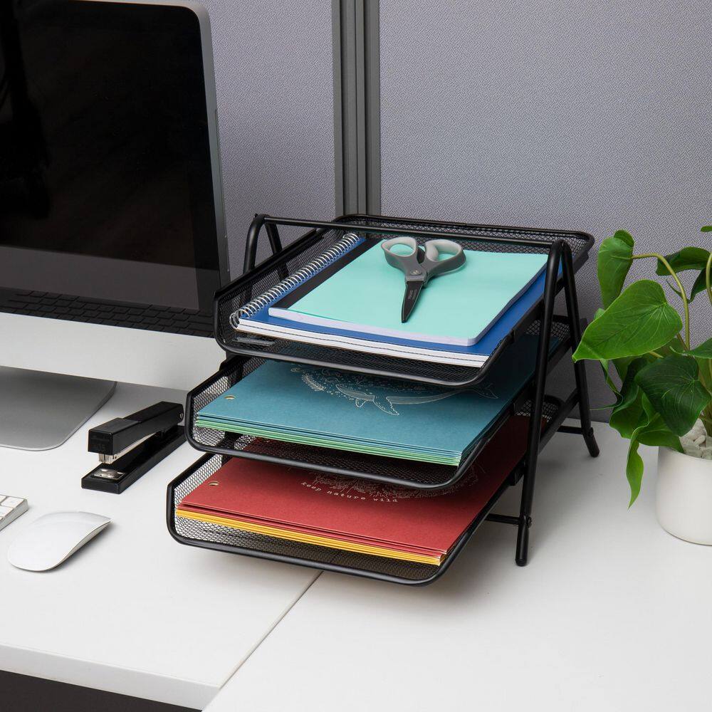Black Metal Mesh 3-Tier Letter Tray Organizer, Set of 2