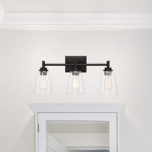 Westin 22.5 in. 3-Light Matte Black Industrial Vanity Light with Clear Glass Shades