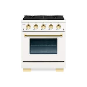 BOLD 30 in. 4.2 cu. ft. 4 Burner Freestanding Dual Fuel Range with Gas Stove and Electric Oven, White with Brass Trim