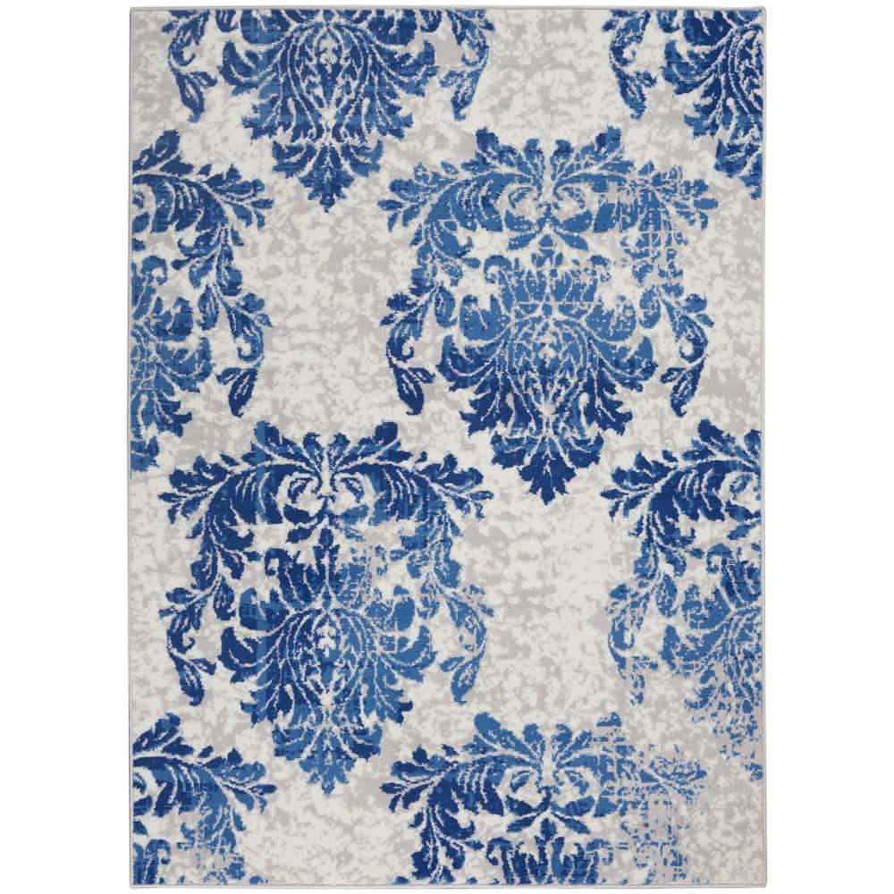 Ivory Navy Floral Damask 6' x 9' Synthetic Reversible Area Rug
