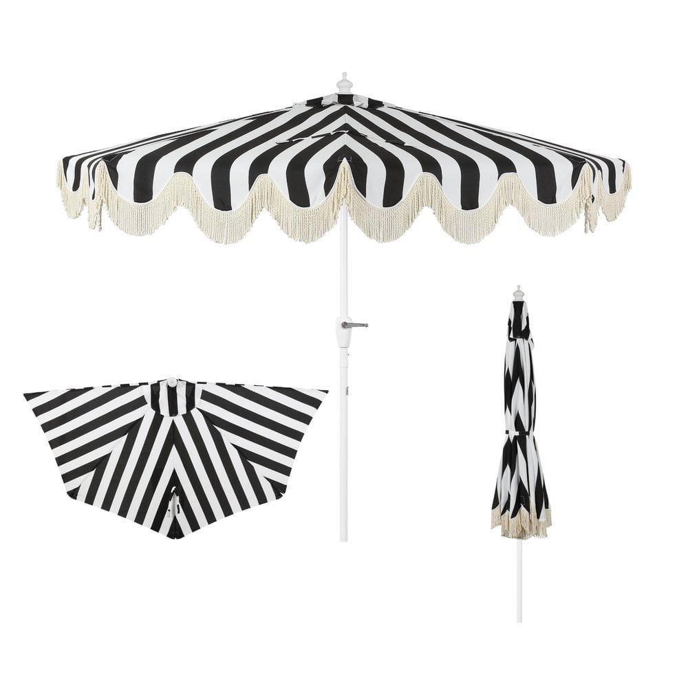 Beverly 9 ft. Scalloped Fringe Half Market Patio Umbrella with Crank, Tilt Button and UV Protection in Black/White