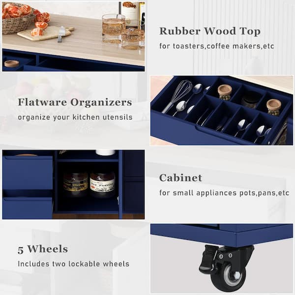 Blue Rubber Wood Countertop 53.15 in. Kitchen Island with 8-Drawers and Flatware Organizer on 5-Wheels