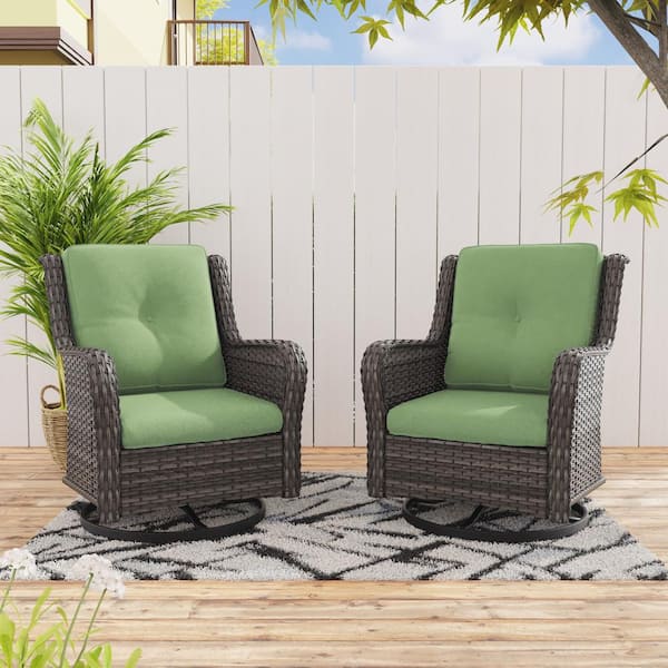 Gardenbee Wicker Outdoor Patio Swivel Rocking Chair with Green Cushions (2-Pack)