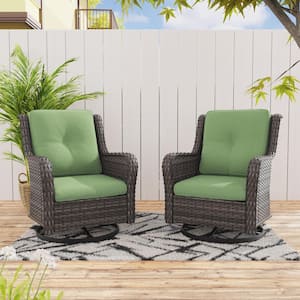 Wicker Outdoor Patio Swivel Rocking Chair with Green Cushions (2-Pack)