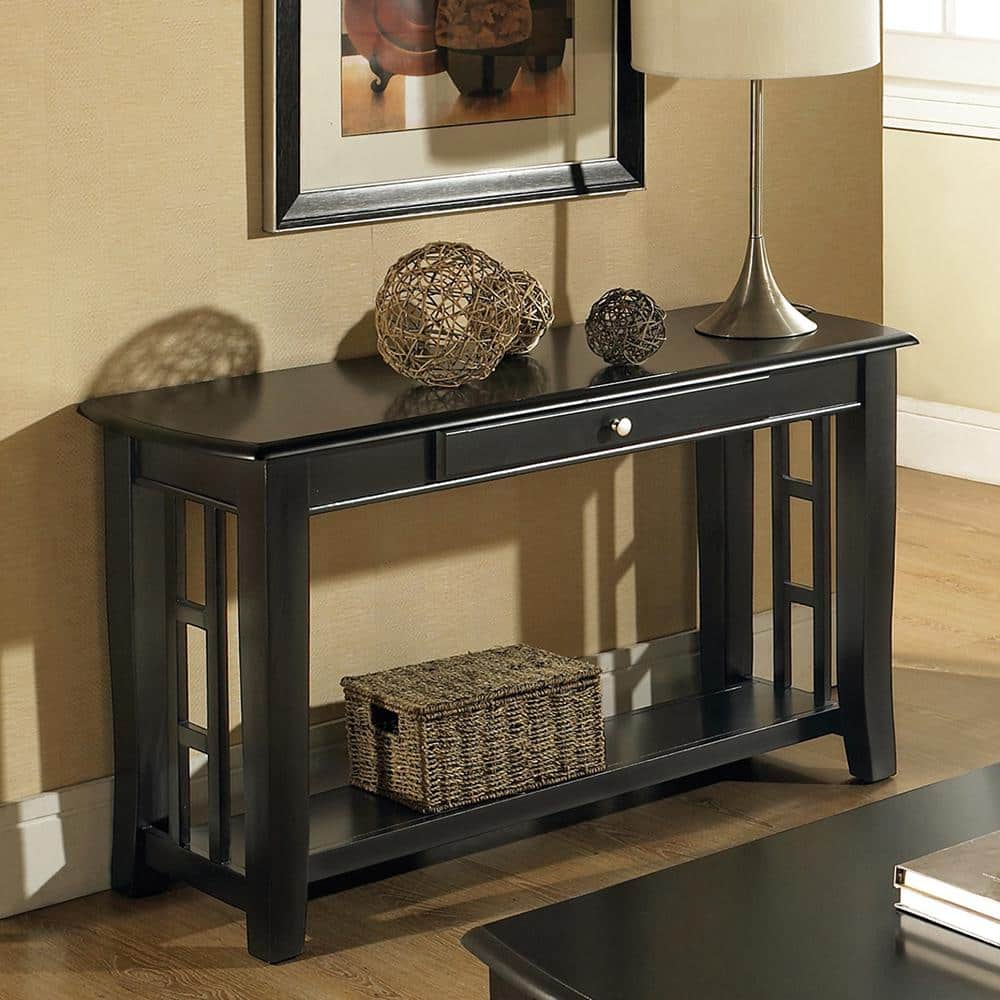 Black Hardwood Rectangular Console Table with Storage